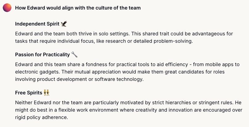 Ask Marlee how a team member aligns with team culture 