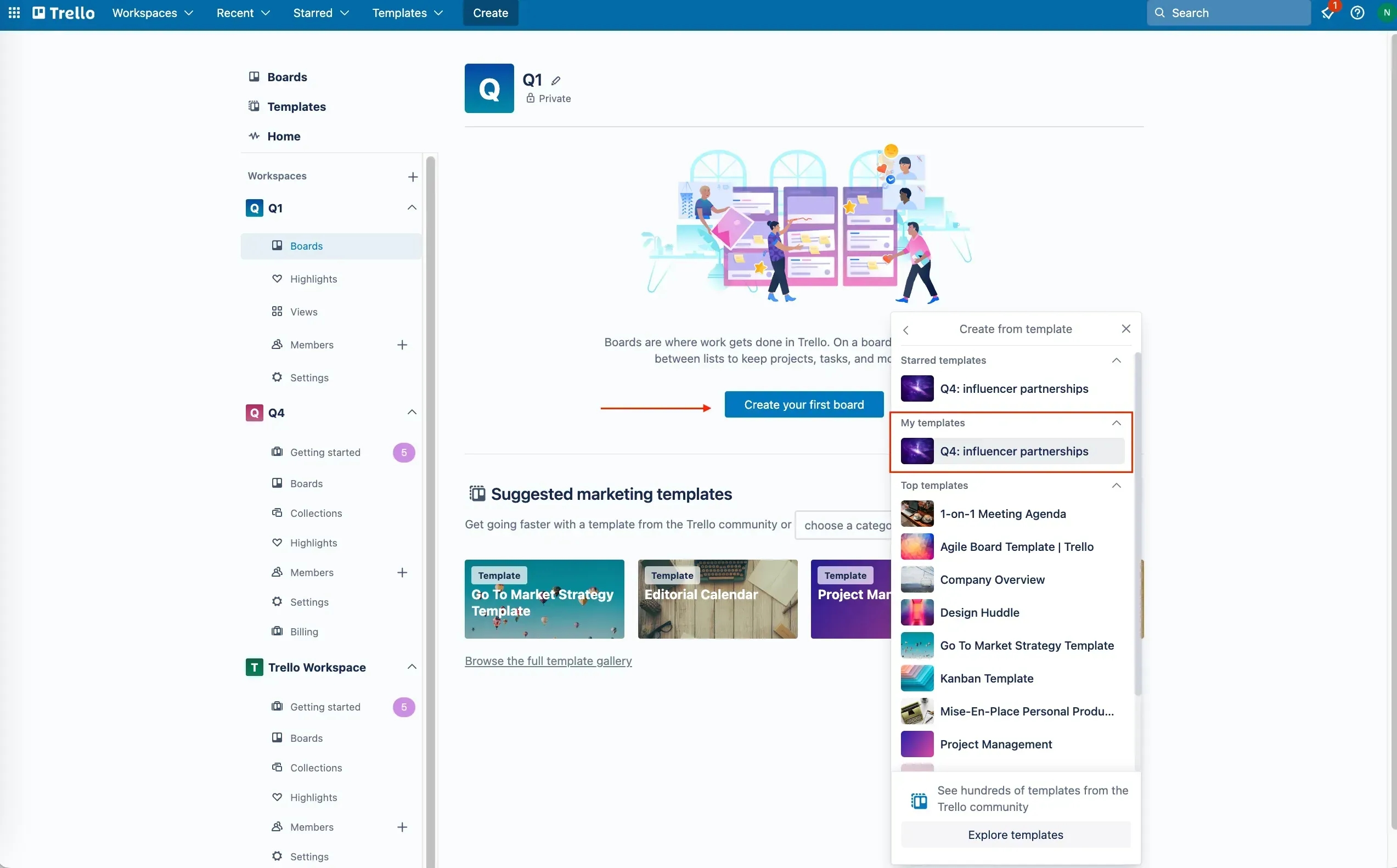 Trello project management software using a board as a template