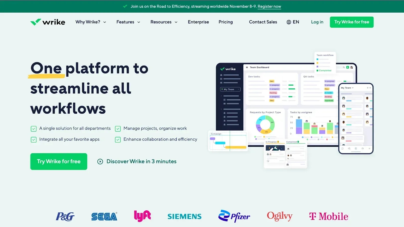 wrike home page for team collaboration software 