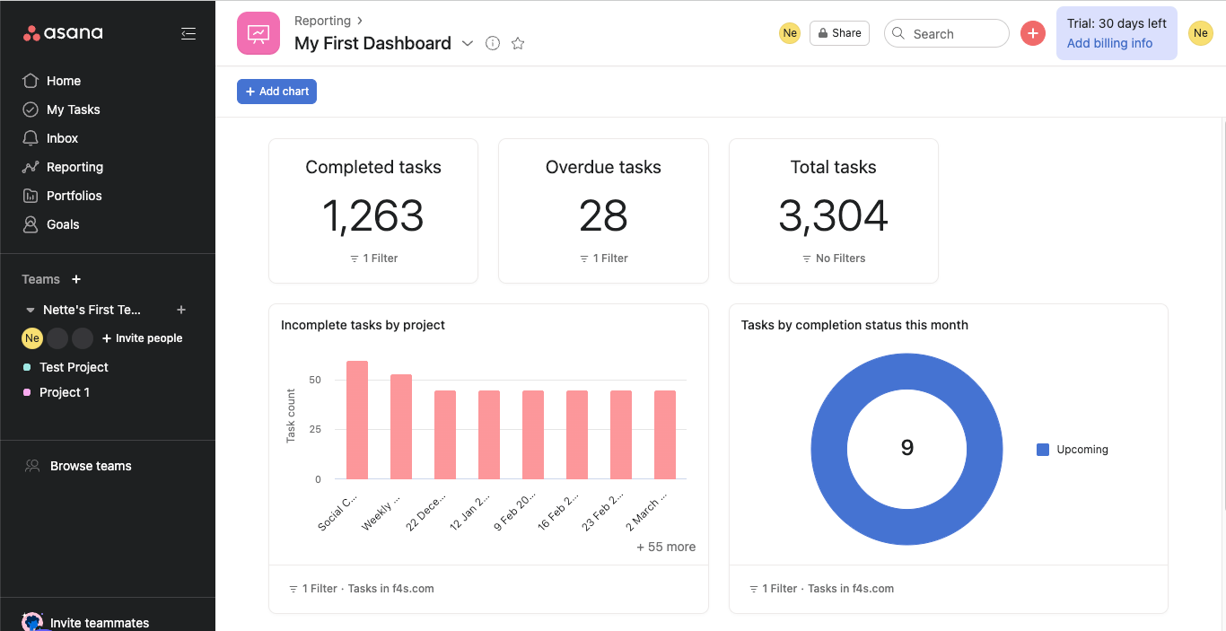 reporting feature of asana project management software