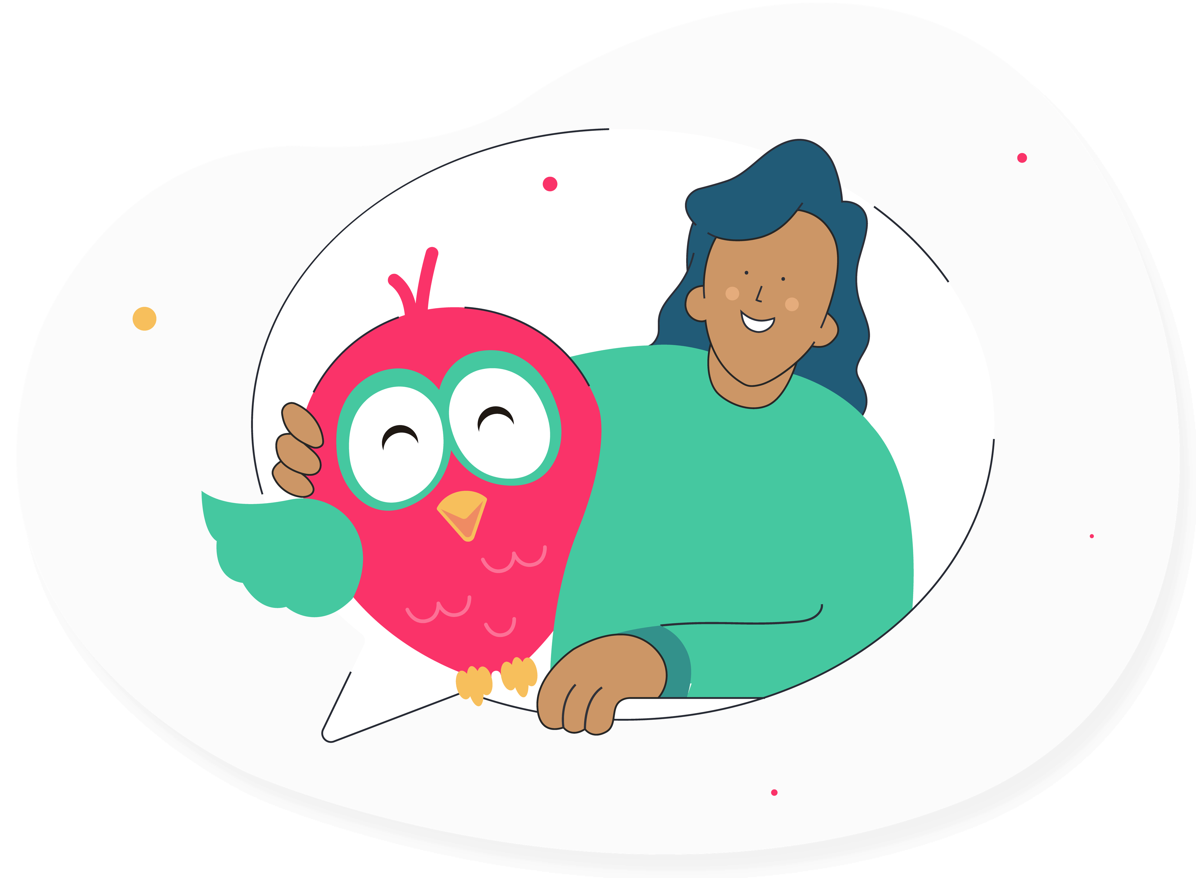 AI coach Marlee, a smiling owl, is hugging a woman who is grateful for coaching