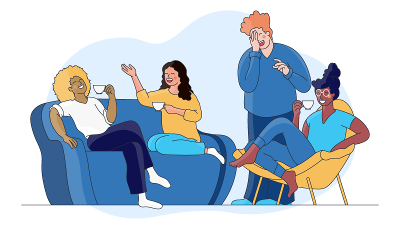 a group of colleagues enjoying coffee and laughing together showing a sense of purpose and belonging