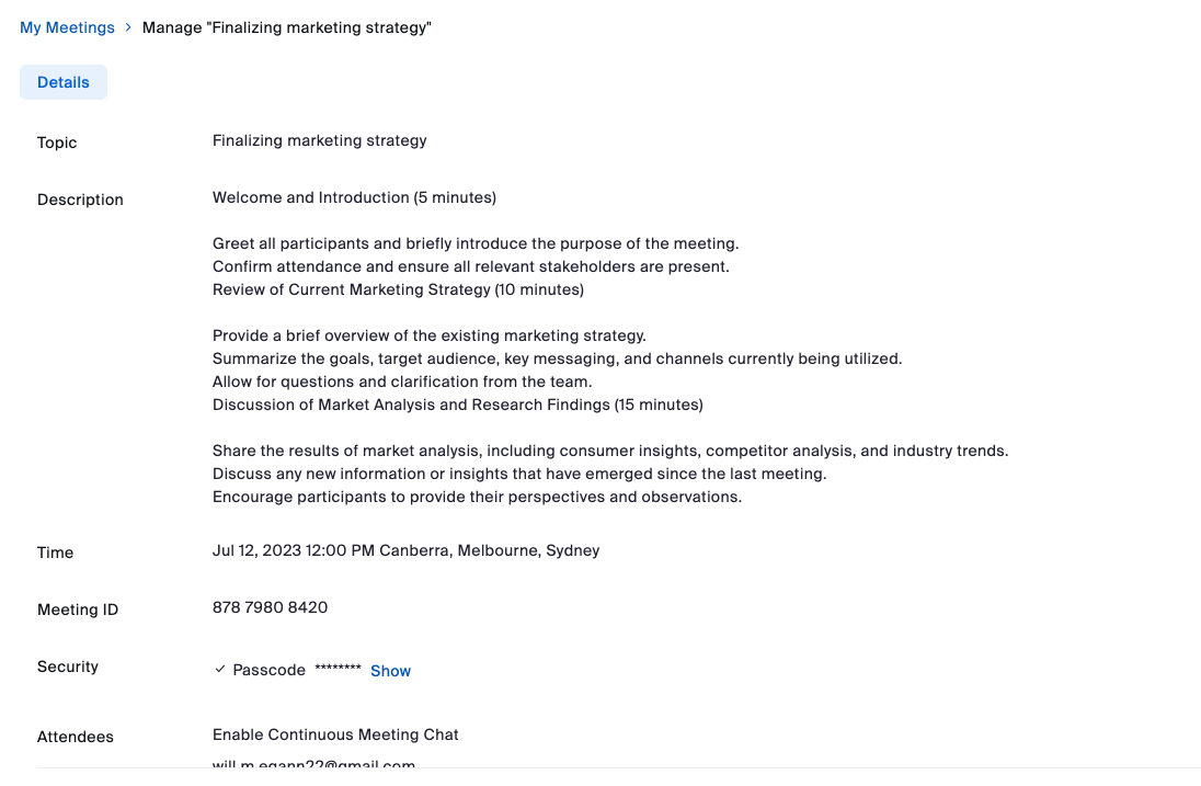 getting the zoom meeting details