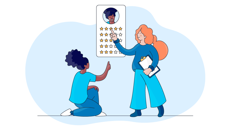 a woman is reviewing her career reviews with her mentor for her career planning
