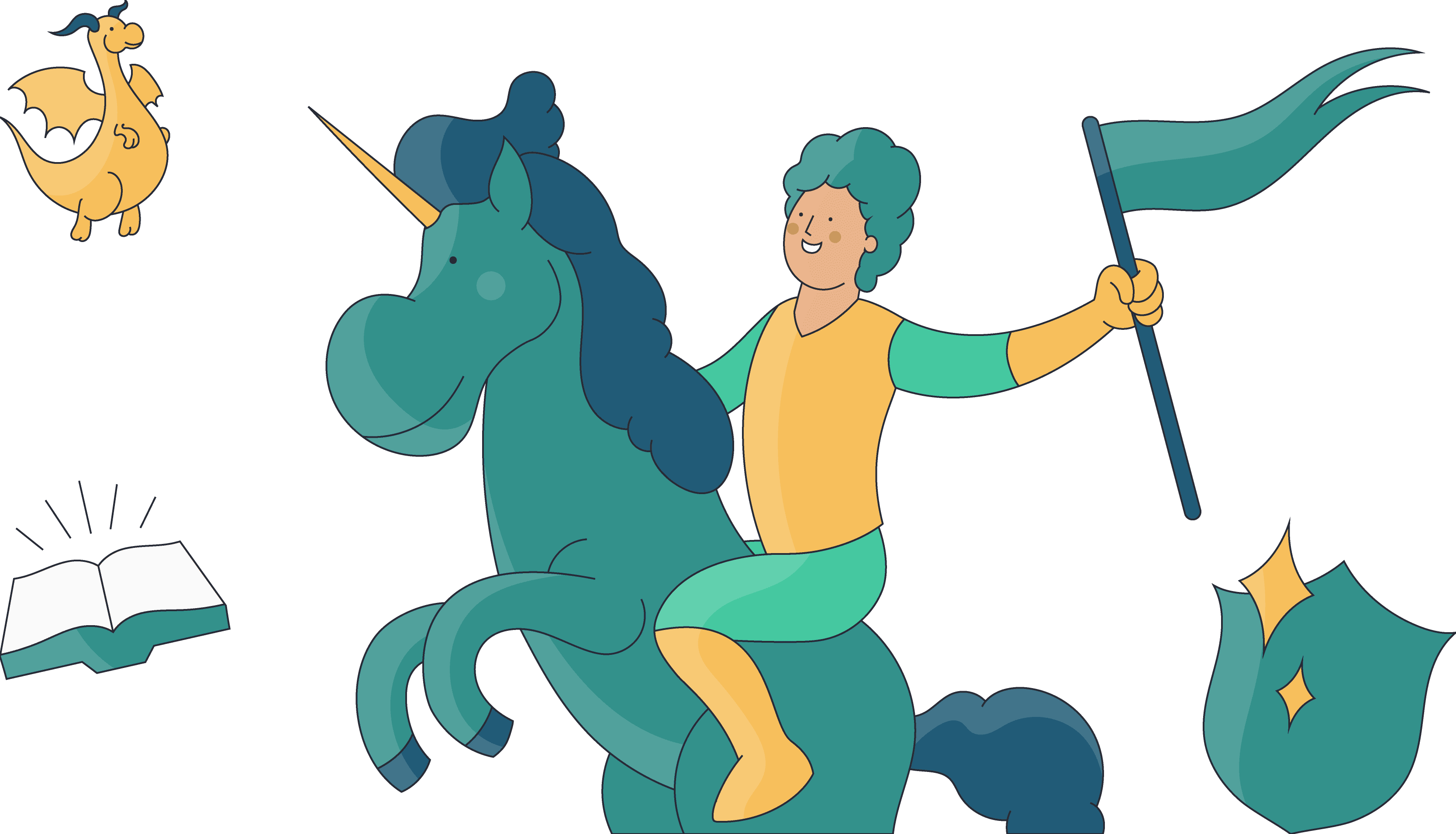 Stylized graphic of an ENFJ 'Hero' character on a unicorn, surrounded by symbols of growth, wisdom, and leadership.