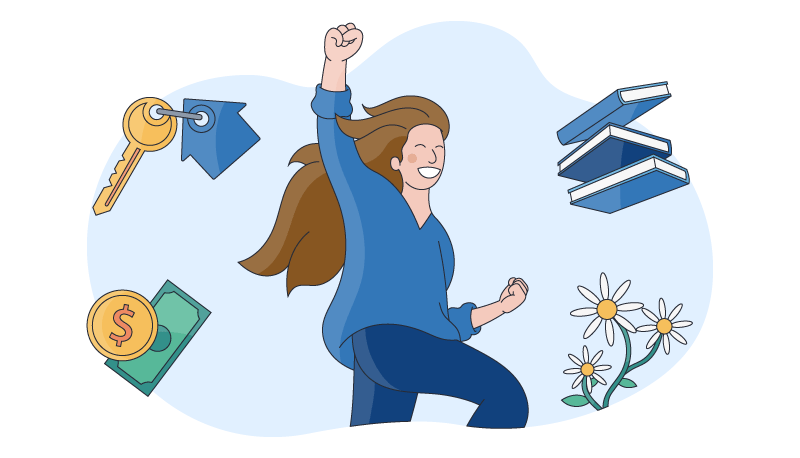 a woman surrounded by a house key, money, books and plants shows her different goals