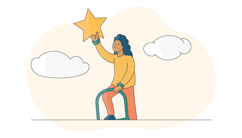 a woman climbng into the sky to grab a star as she meets her life planning goals