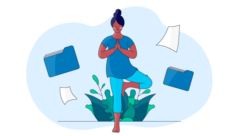 a woman taking a quick break in her office to do yoga to calm her work anxiety
