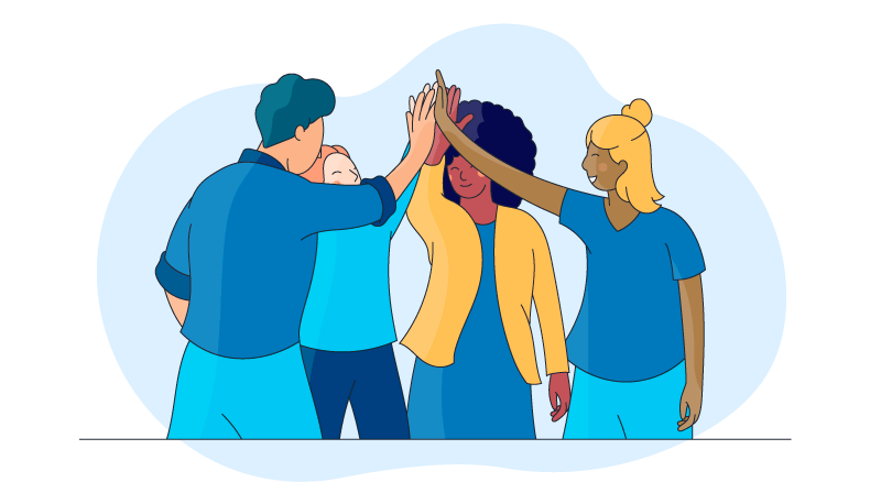 four team members putting their hand together in a circle show their trust and teamwork skills 