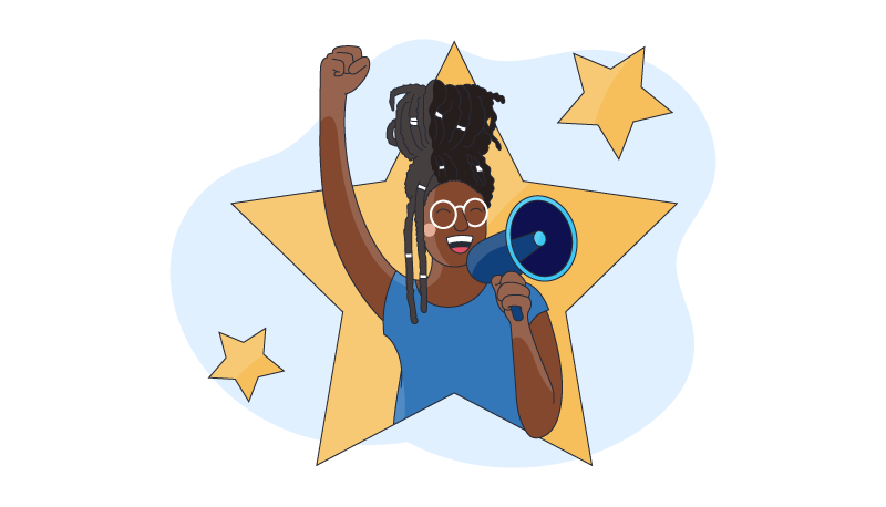 a woman is using a megaphone and smiling with her arm up with excitement as she motivates her team