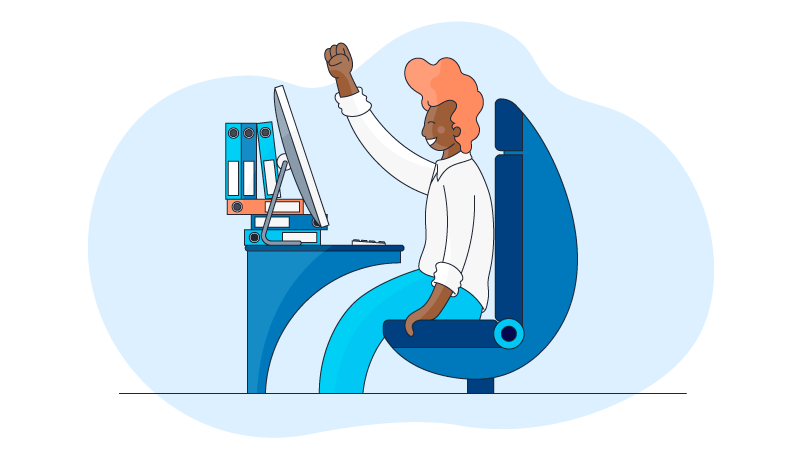 a remote worker celebrating an at home success in front of their computer
