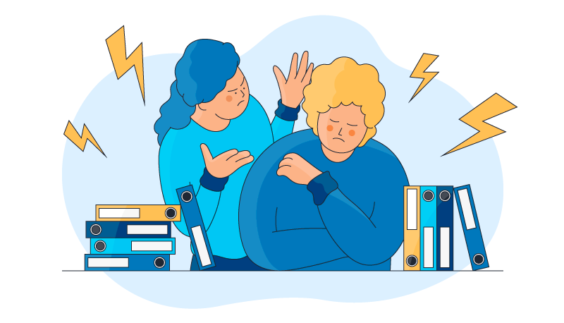 a woman showing agressive body language to a person who is looking sad and scared