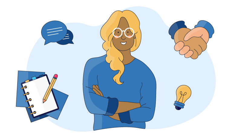 a woman how's her soft skills during her pre-employment assessment surrounded by communication skills, a lightblulb and hand shake