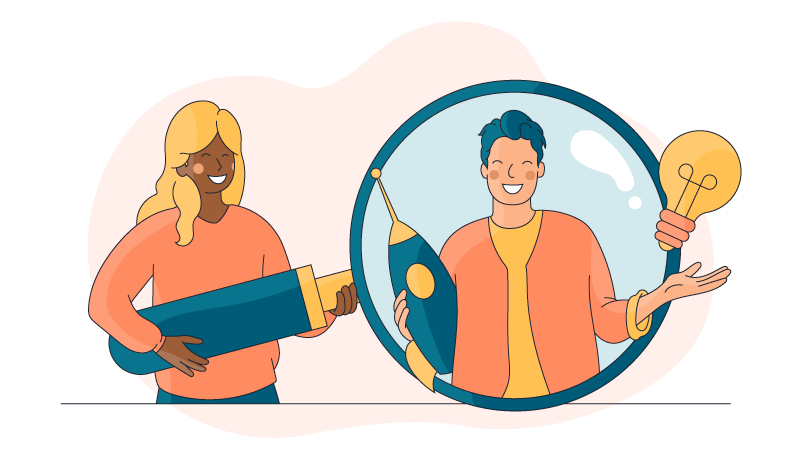 a team member is holding a magnifying glass over her colleague to help identify their hard and soft skills 