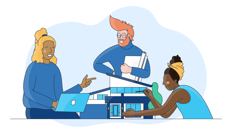 a team of three working together on an architectural plan shows collaboration and team problem solving is part of their cultural fit